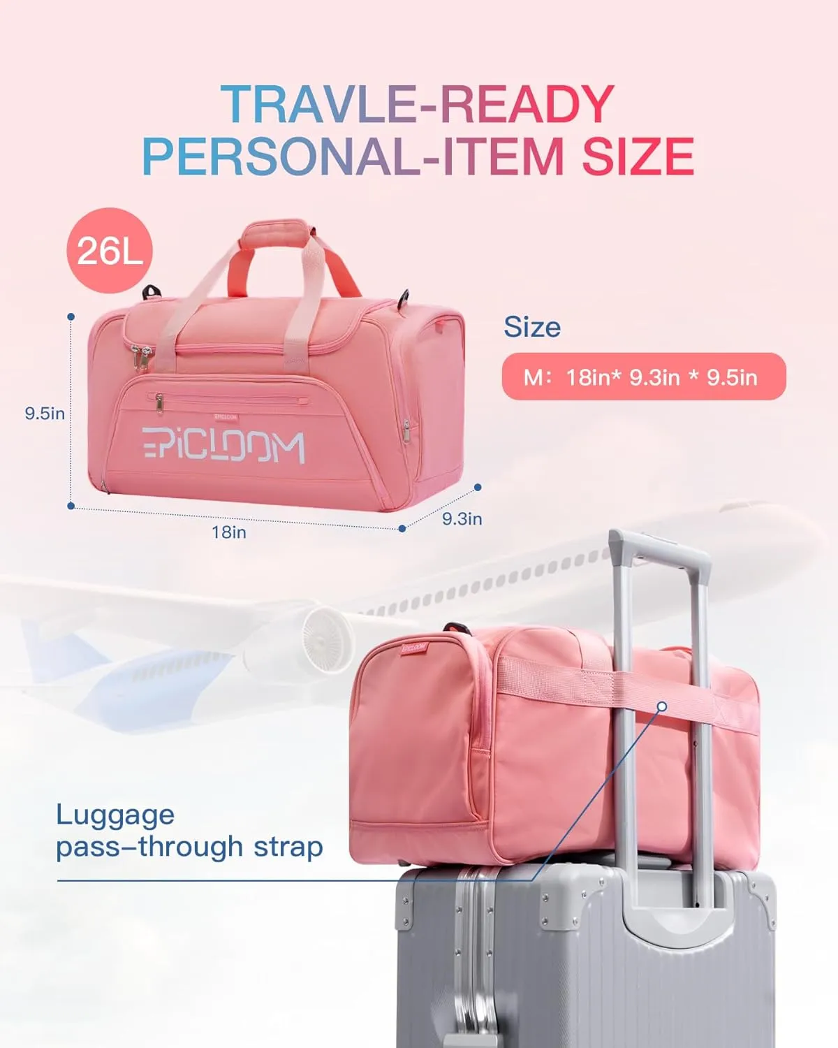 Gym Bag with Shoes Compartment, Travel Duffel with Wet Pocket for Men Women, Weekender Overnight Carry On Sports Duffle Pink 26L