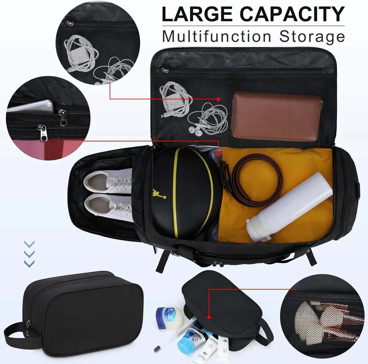 Gym Duffle Bag for Women Men 55L Waterproof Sports Bags Travel Duffel Bags with Shoe Compartment,Wet Pocket Large Weekender Overnight Bag with Toiletry Bag,Black