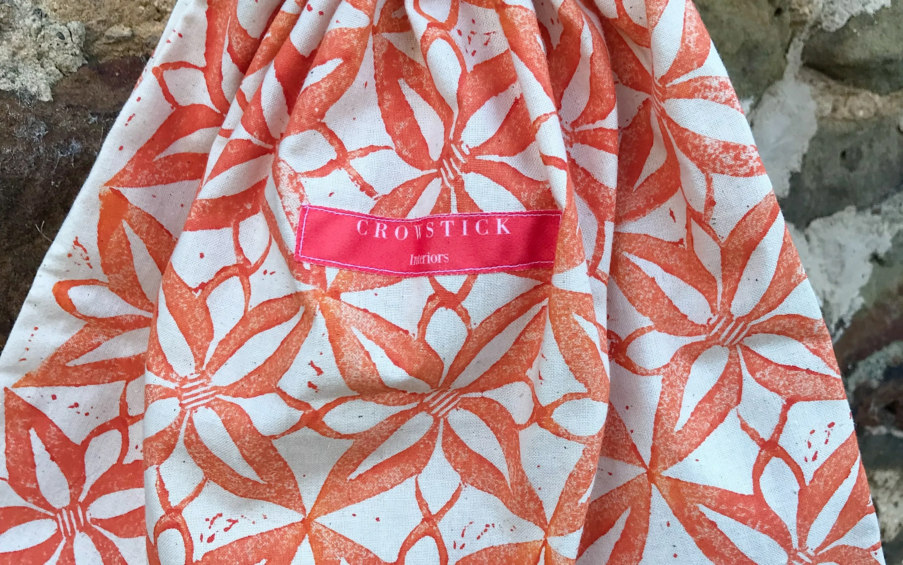 Hand Block Printed, Deep Orange Drawstring Bag - Large