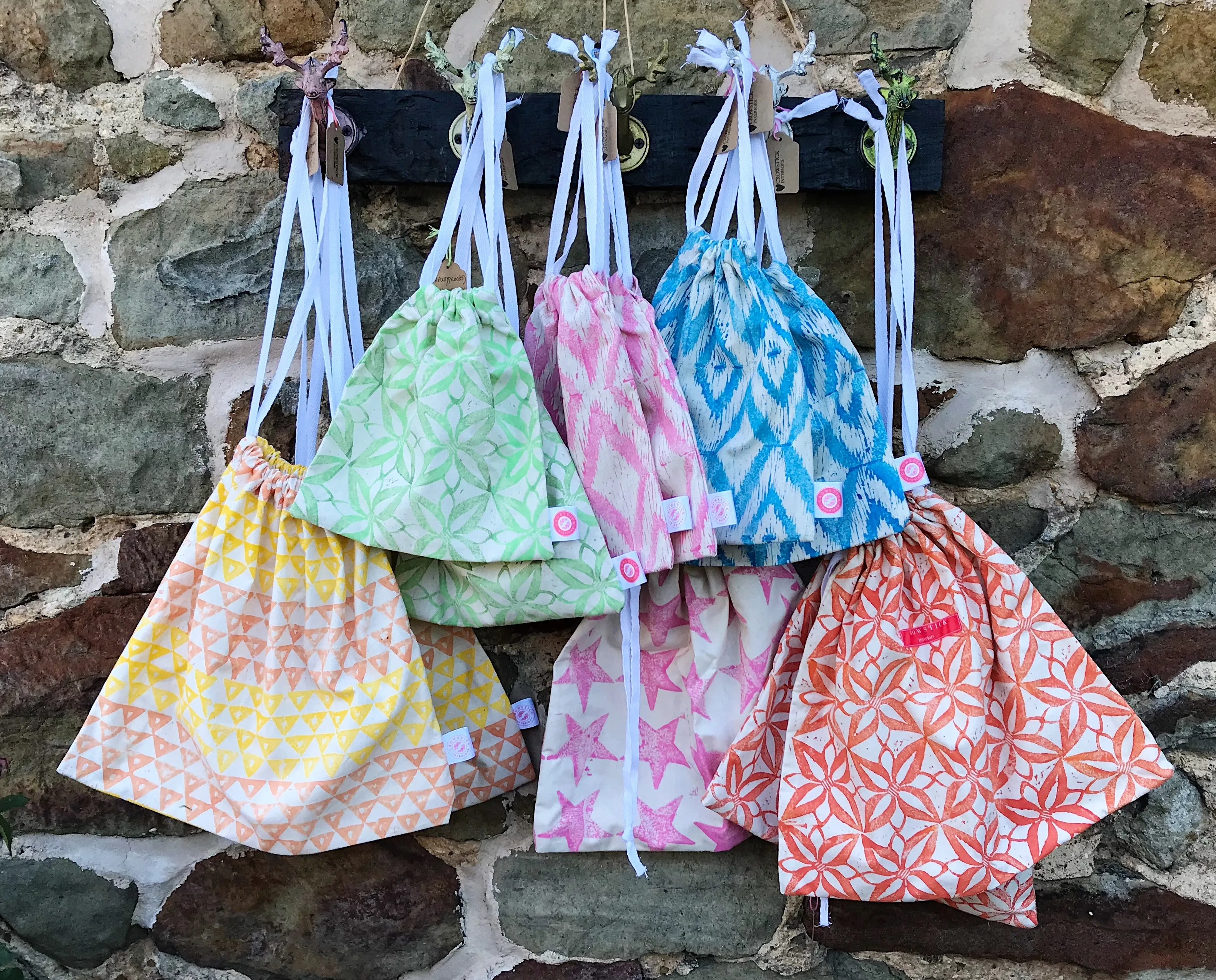 Hand Block Printed, Deep Orange Drawstring Bag - Large