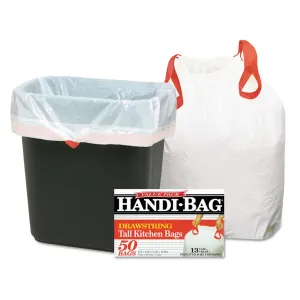Handi-Bag® Drawstring Kitchen Bags, 13 gal, 24" x 27.4", White, 50 Bags/Box, 6 Boxes/Carton
