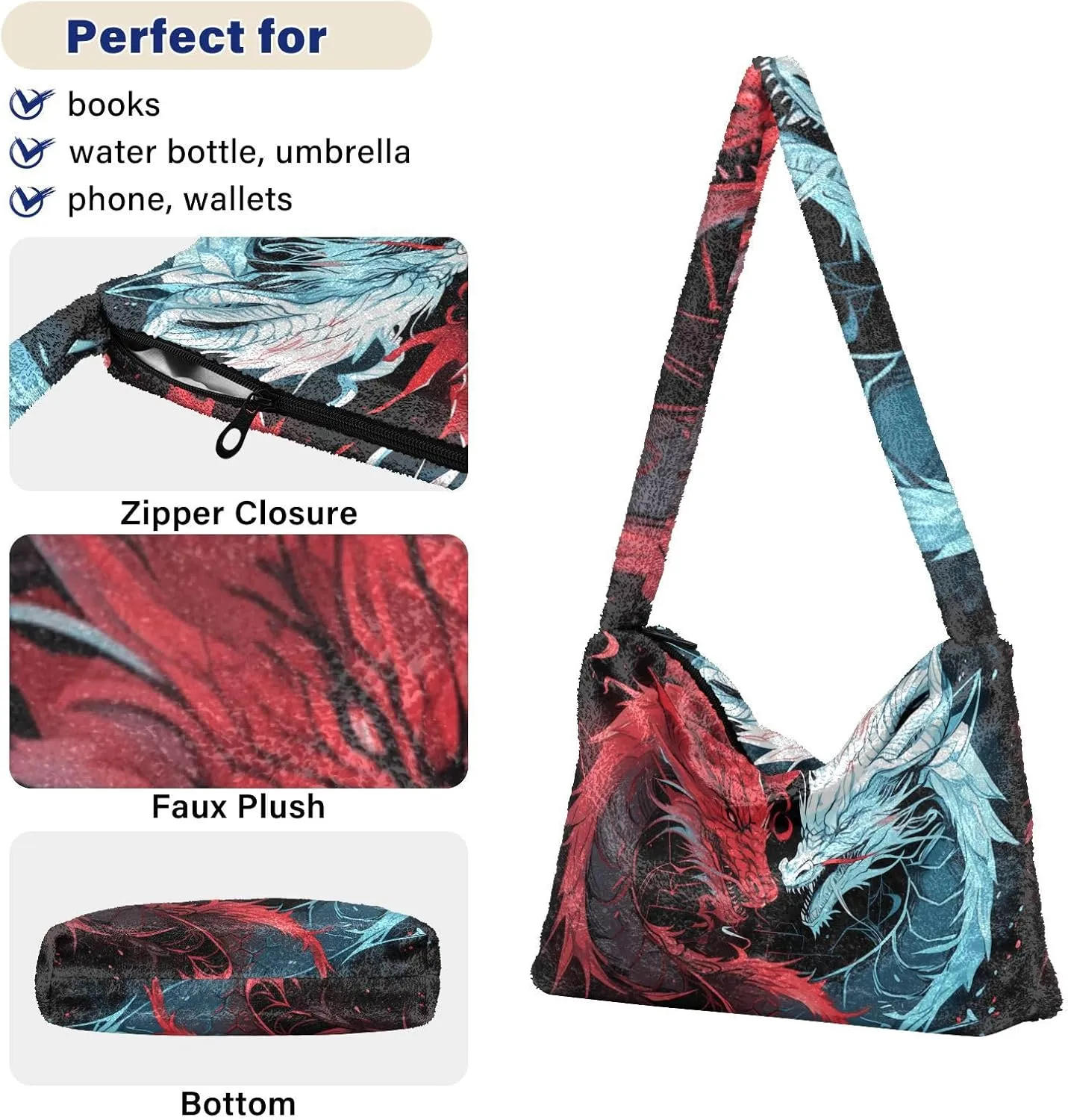 Handsome Dragon with Red and Blue Plush Bag, Book Totes for Women, Autumn Handbags