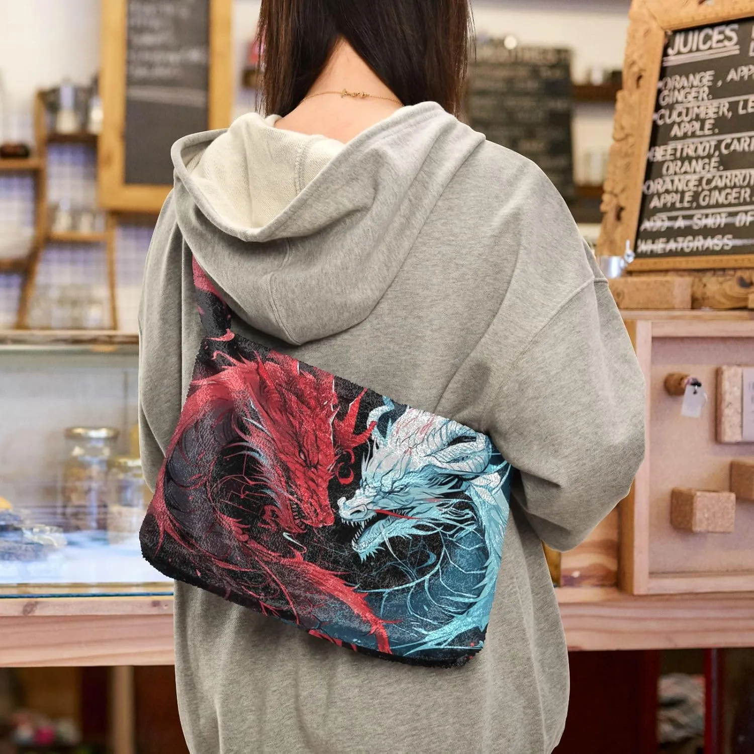 Handsome Dragon with Red and Blue Plush Bag, Book Totes for Women, Autumn Handbags