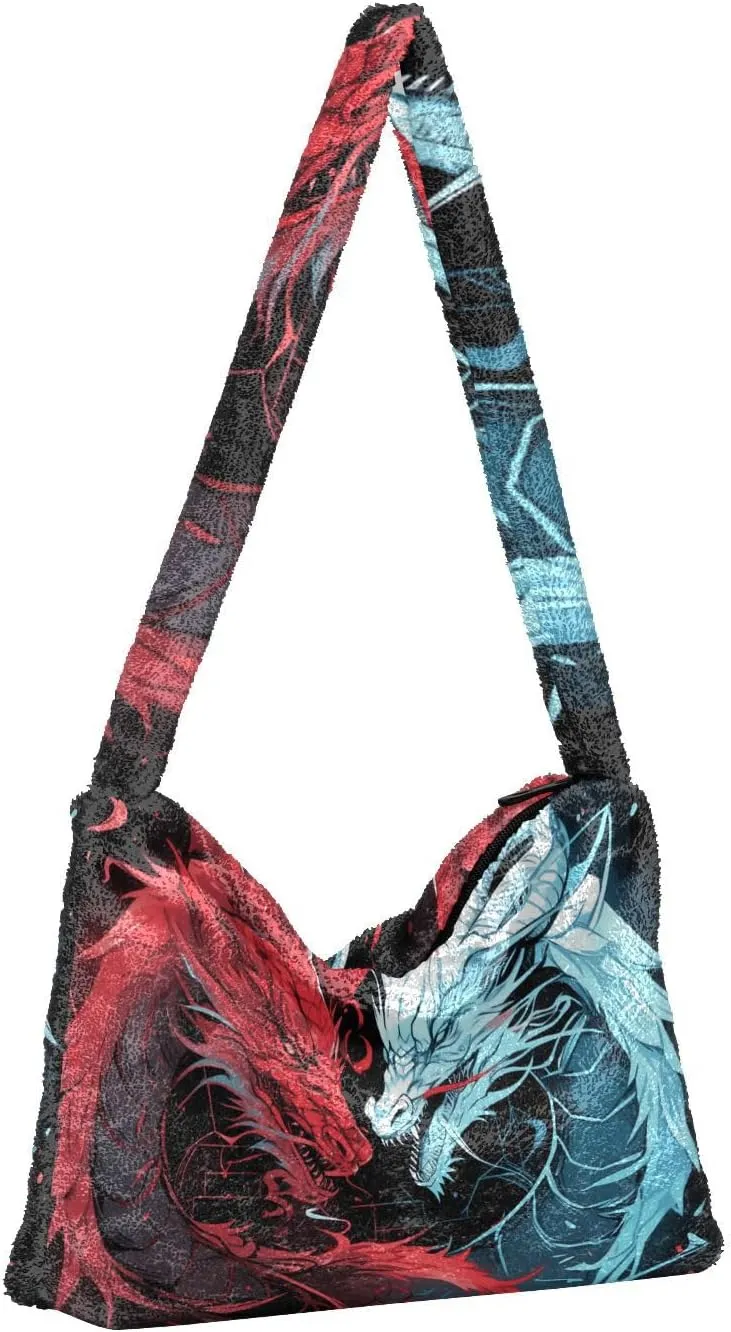 Handsome Dragon with Red and Blue Plush Bag, Book Totes for Women, Autumn Handbags