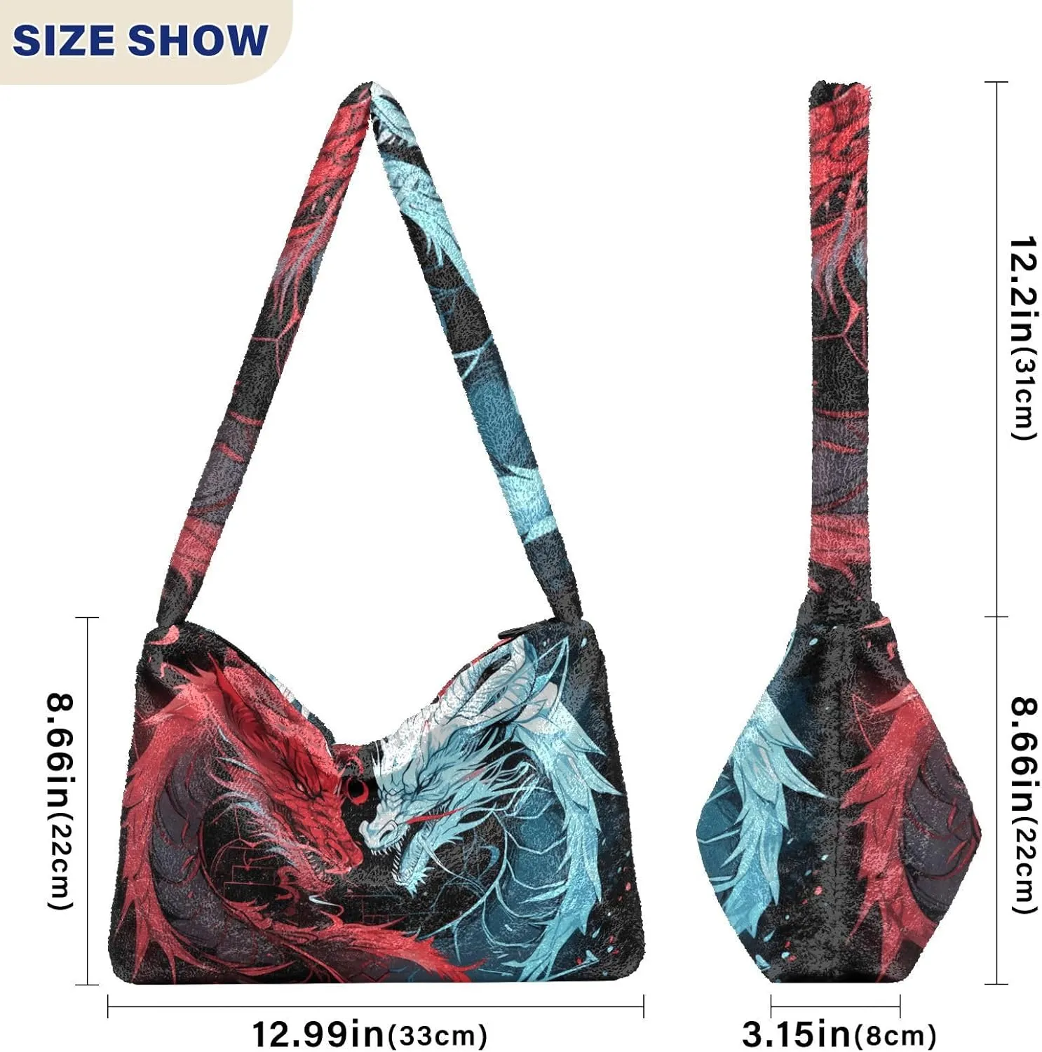 Handsome Dragon with Red and Blue Plush Bag, Book Totes for Women, Autumn Handbags