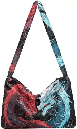 Handsome Dragon with Red and Blue Plush Bag, Book Totes for Women, Autumn Handbags