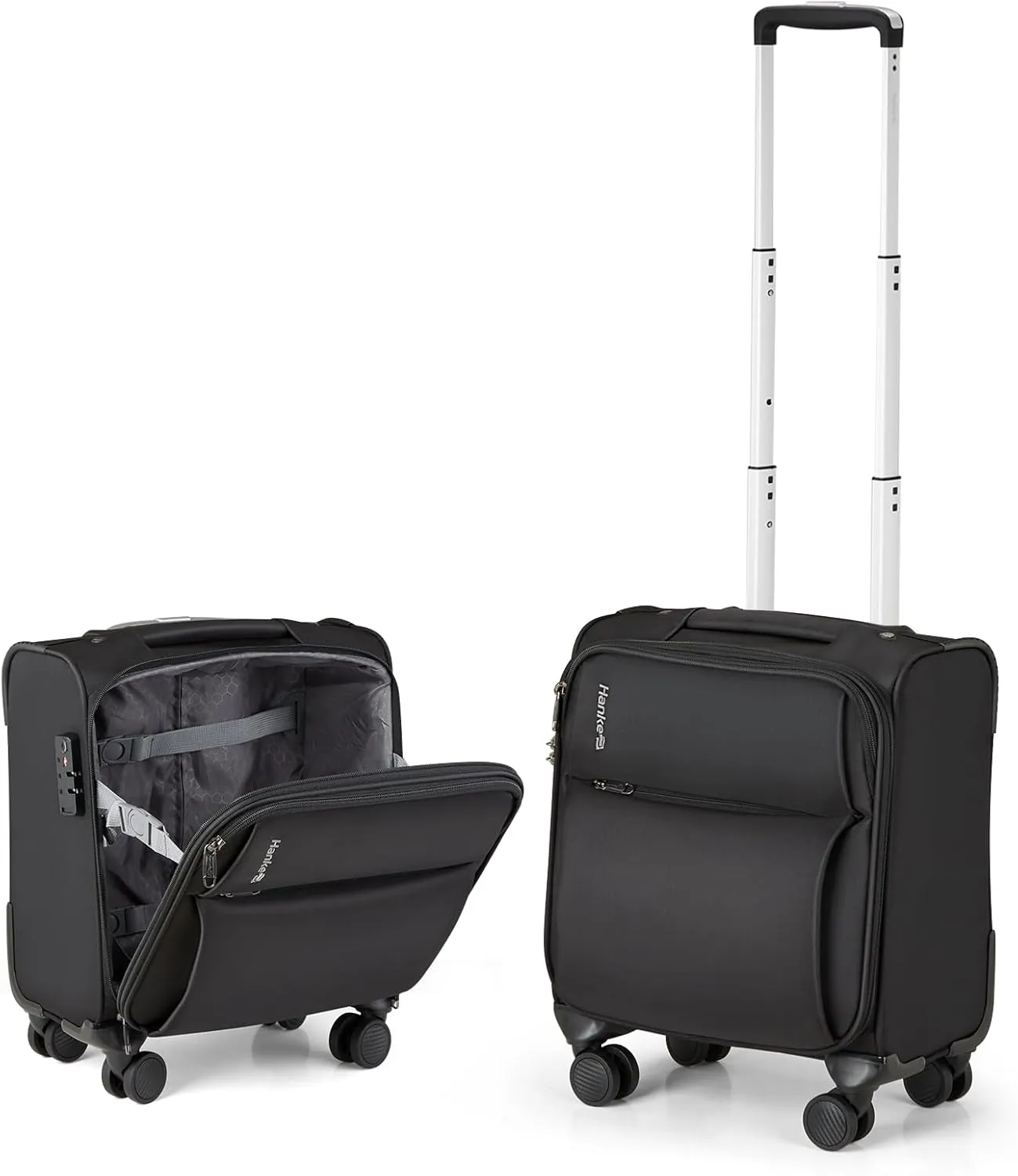 Hanke 16 Inch Underseat Carry On Luggage with Spinner Wheels Airline Approved, Small Rolling Suitcase Softside Underseater Lightweight TSA Travel Roller Suitcase Carry-On Bag(Black)