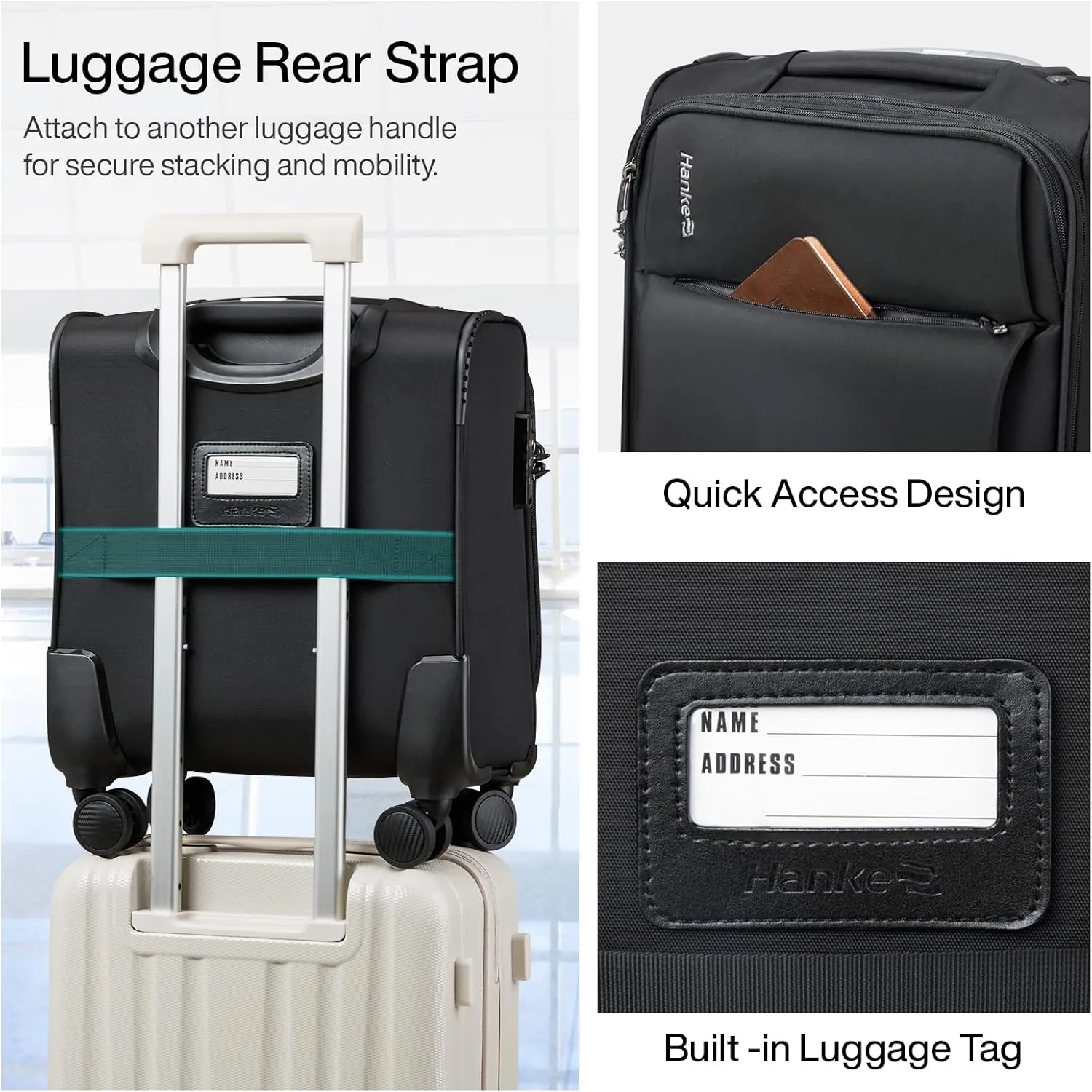 Hanke 16 Inch Underseat Carry On Luggage with Spinner Wheels Airline Approved, Small Rolling Suitcase Softside Underseater Lightweight TSA Travel Roller Suitcase Carry-On Bag(Black)