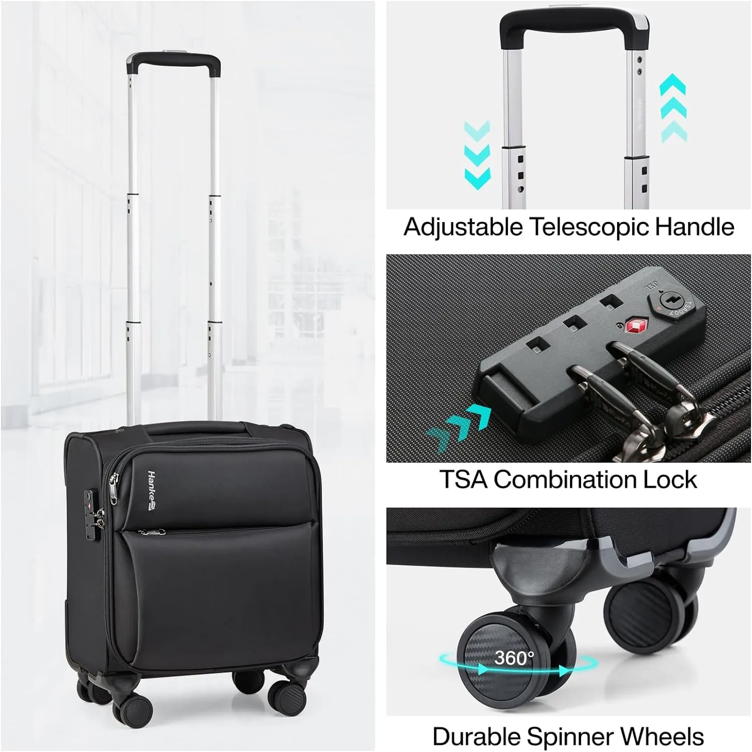 Hanke 16 Inch Underseat Carry On Luggage with Spinner Wheels Airline Approved, Small Rolling Suitcase Softside Underseater Lightweight TSA Travel Roller Suitcase Carry-On Bag(Black)