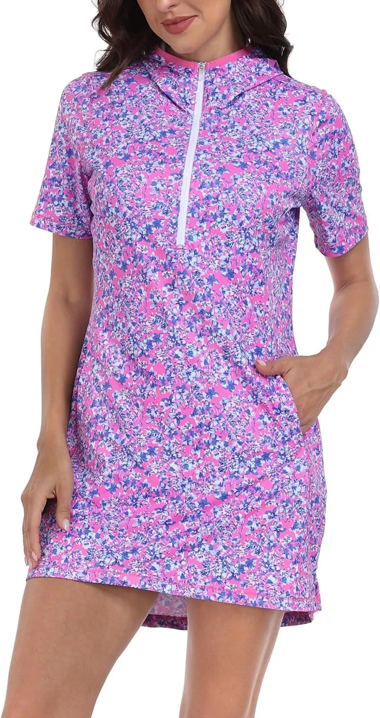 HDE Women's Short Sleeve Beach Coverup Dress with Hood UPF 50 Swim Cover Up