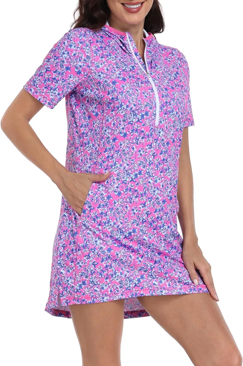 HDE Women's Short Sleeve Beach Coverup Dress with Hood UPF 50 Swim Cover Up