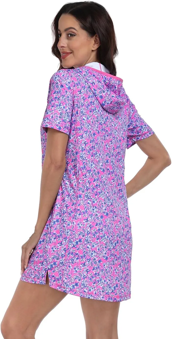 HDE Women's Short Sleeve Beach Coverup Dress with Hood UPF 50 Swim Cover Up