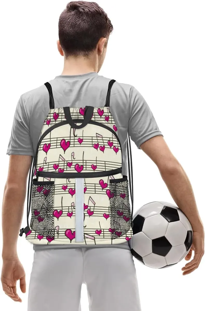 Heart Music Notes Drawstring Backpack Sports Gym Bag for Men Women Draw String Polyester Sackpack Reflective String Bags Cinch Bag with Zipper Pockets and Mesh Pockets