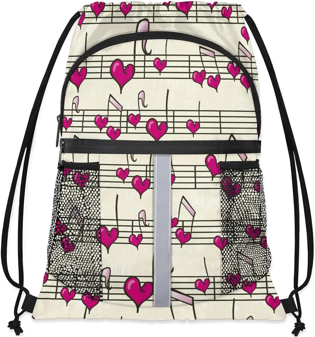 Heart Music Notes Drawstring Backpack Sports Gym Bag for Men Women Draw String Polyester Sackpack Reflective String Bags Cinch Bag with Zipper Pockets and Mesh Pockets