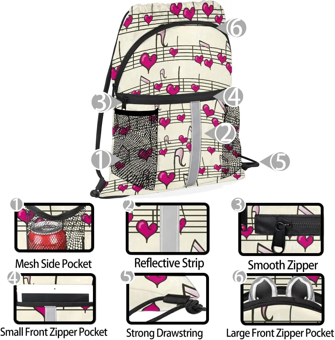 Heart Music Notes Drawstring Backpack Sports Gym Bag for Men Women Draw String Polyester Sackpack Reflective String Bags Cinch Bag with Zipper Pockets and Mesh Pockets
