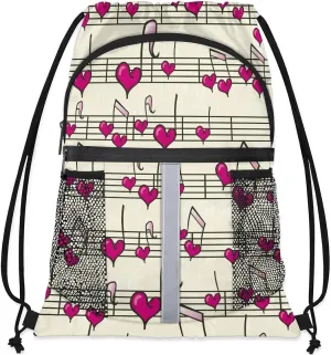 Heart Music Notes Drawstring Backpack Sports Gym Bag for Men Women Draw String Polyester Sackpack Reflective String Bags Cinch Bag with Zipper Pockets and Mesh Pockets