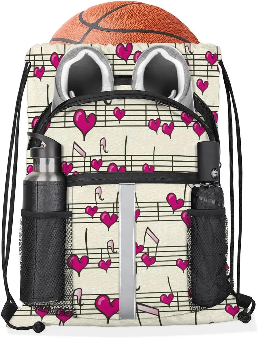 Heart Music Notes Drawstring Backpack Sports Gym Bag for Men Women Draw String Polyester Sackpack Reflective String Bags Cinch Bag with Zipper Pockets and Mesh Pockets