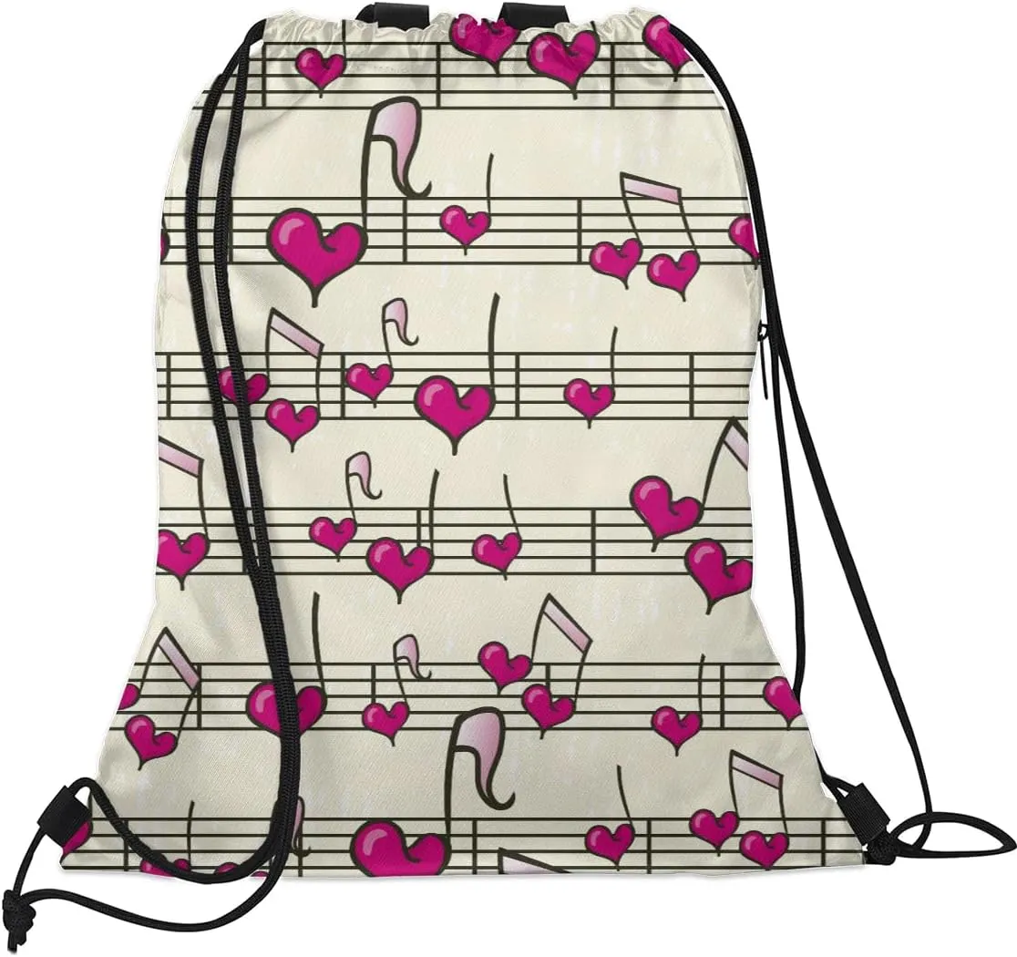 Heart Music Notes Drawstring Backpack Sports Gym Bag for Men Women Draw String Polyester Sackpack Reflective String Bags Cinch Bag with Zipper Pockets and Mesh Pockets