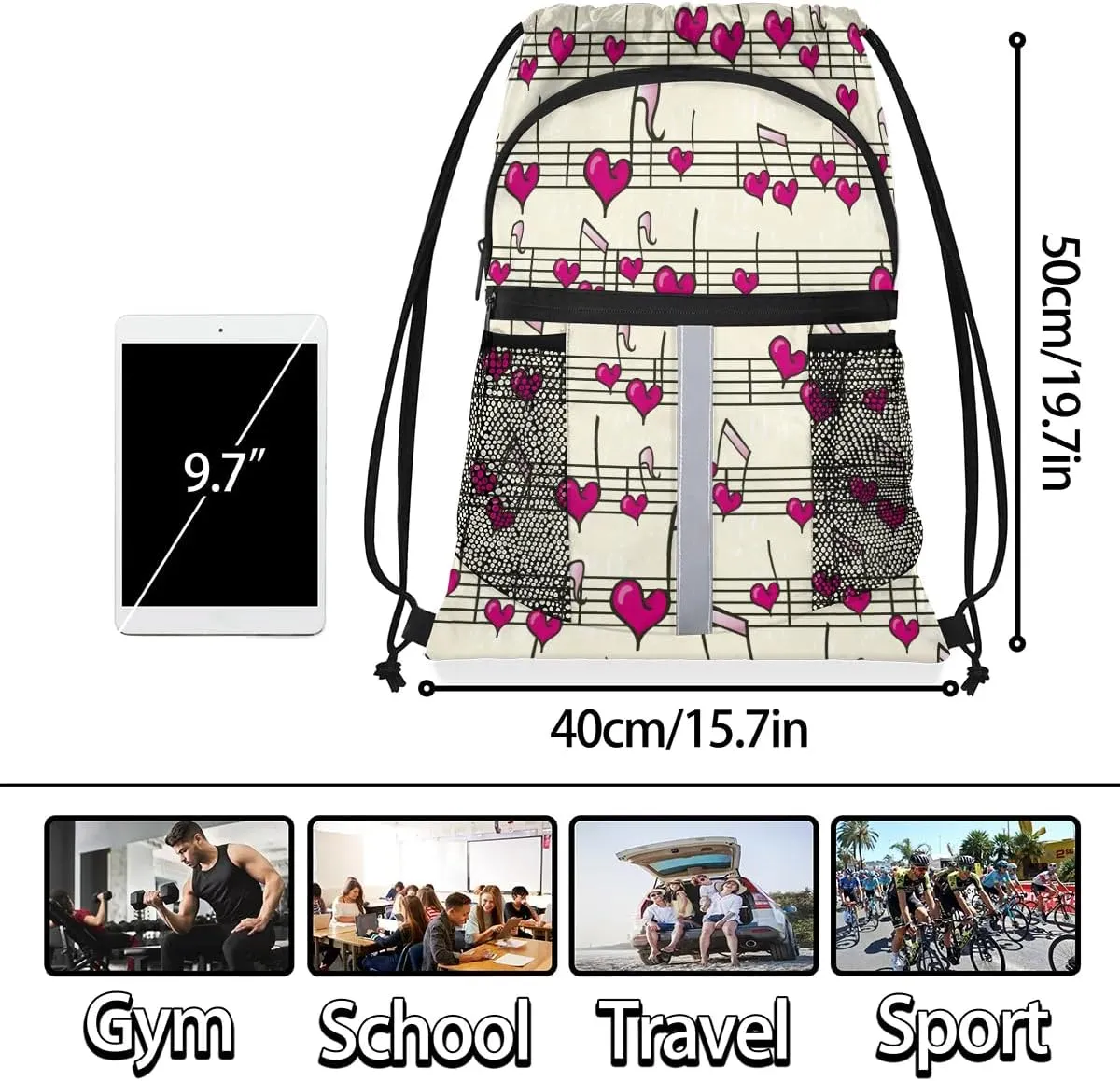 Heart Music Notes Drawstring Backpack Sports Gym Bag for Men Women Draw String Polyester Sackpack Reflective String Bags Cinch Bag with Zipper Pockets and Mesh Pockets
