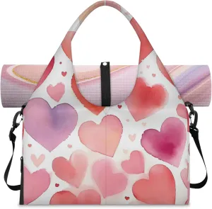 Heart Pattern Gym Bag Yoga Mat Tote for Women with Shoes Compartment Lightweight Duffle Travel Carrier Wet Dry Storage Pockets Adjustable Pilates Mats Shoulder Bags for Sport Swim