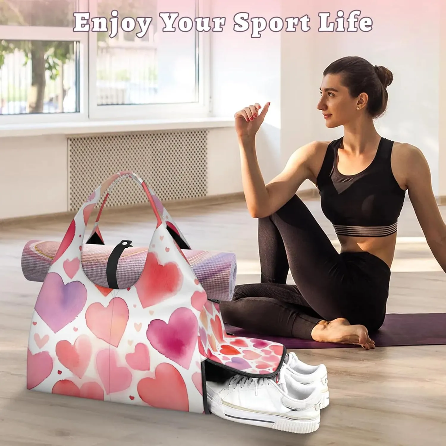 Heart Pattern Gym Bag Yoga Mat Tote for Women with Shoes Compartment Lightweight Duffle Travel Carrier Wet Dry Storage Pockets Adjustable Pilates Mats Shoulder Bags for Sport Swim