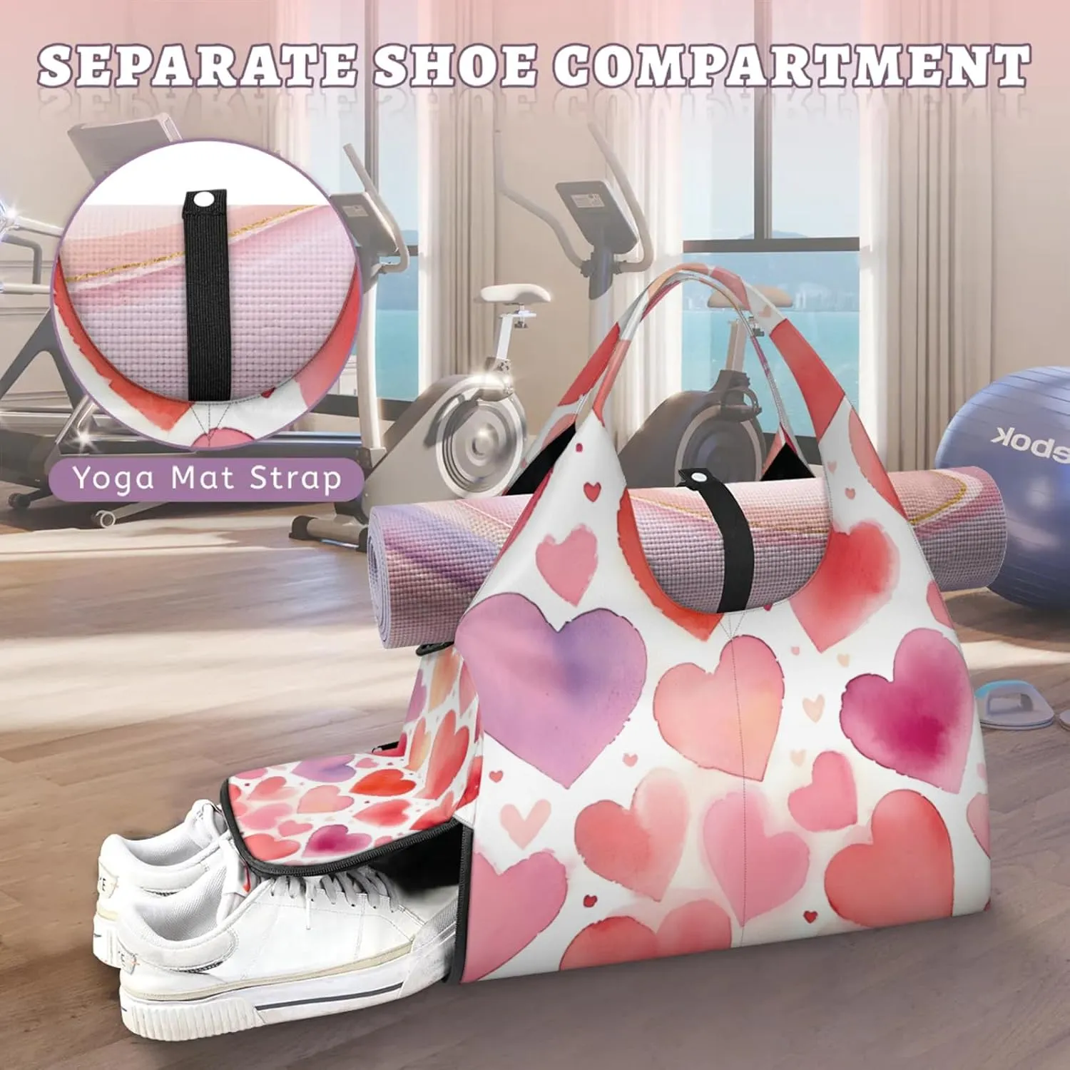 Heart Pattern Gym Bag Yoga Mat Tote for Women with Shoes Compartment Lightweight Duffle Travel Carrier Wet Dry Storage Pockets Adjustable Pilates Mats Shoulder Bags for Sport Swim