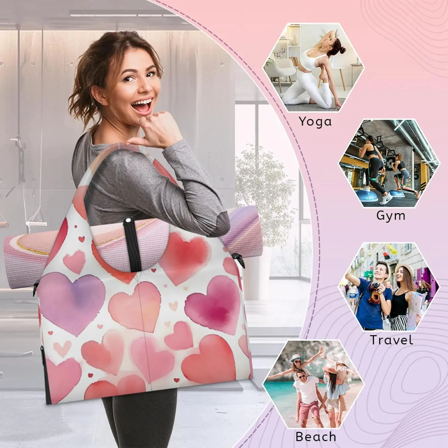 Heart Pattern Gym Bag Yoga Mat Tote for Women with Shoes Compartment Lightweight Duffle Travel Carrier Wet Dry Storage Pockets Adjustable Pilates Mats Shoulder Bags for Sport Swim
