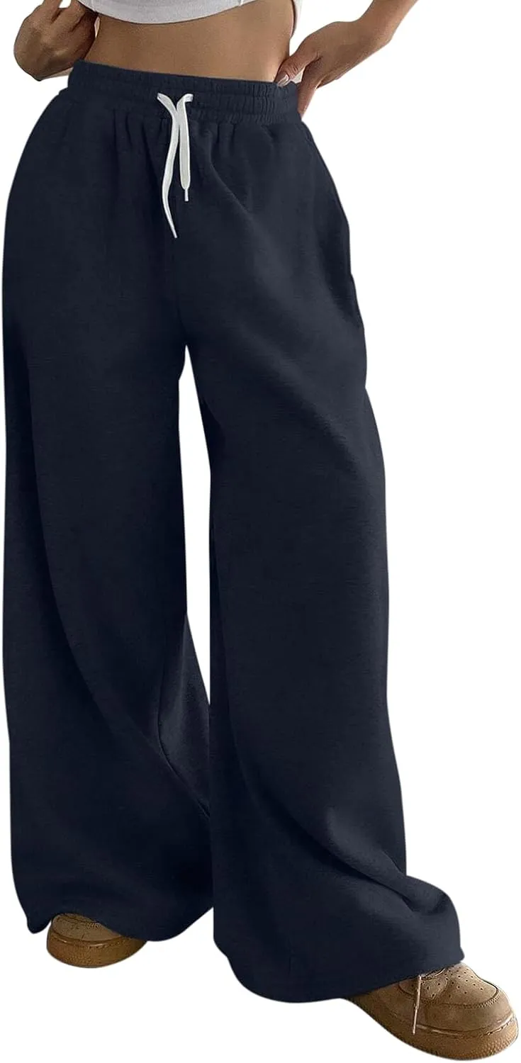 HeSaYep Fleece Lined Sweatpants for Women Winter Warm Wide Leg Drawstring Cuffs Baggy Sweat Pants with Pockets