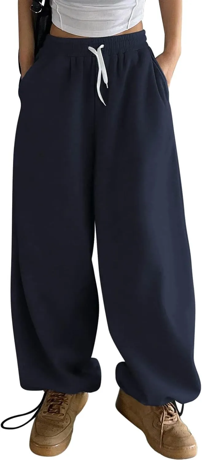 HeSaYep Fleece Lined Sweatpants for Women Winter Warm Wide Leg Drawstring Cuffs Baggy Sweat Pants with Pockets