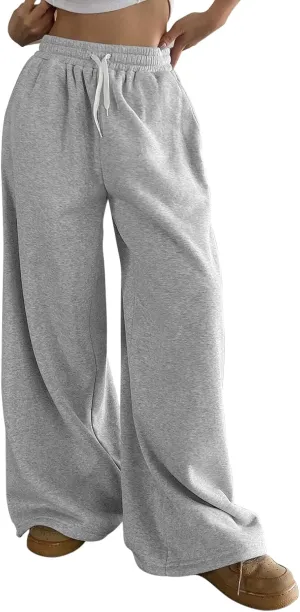 HeSaYep Fleece Lined Sweatpants for Women Winter Warm Wide Leg Drawstring Cuffs Baggy Sweat Pants with Pockets