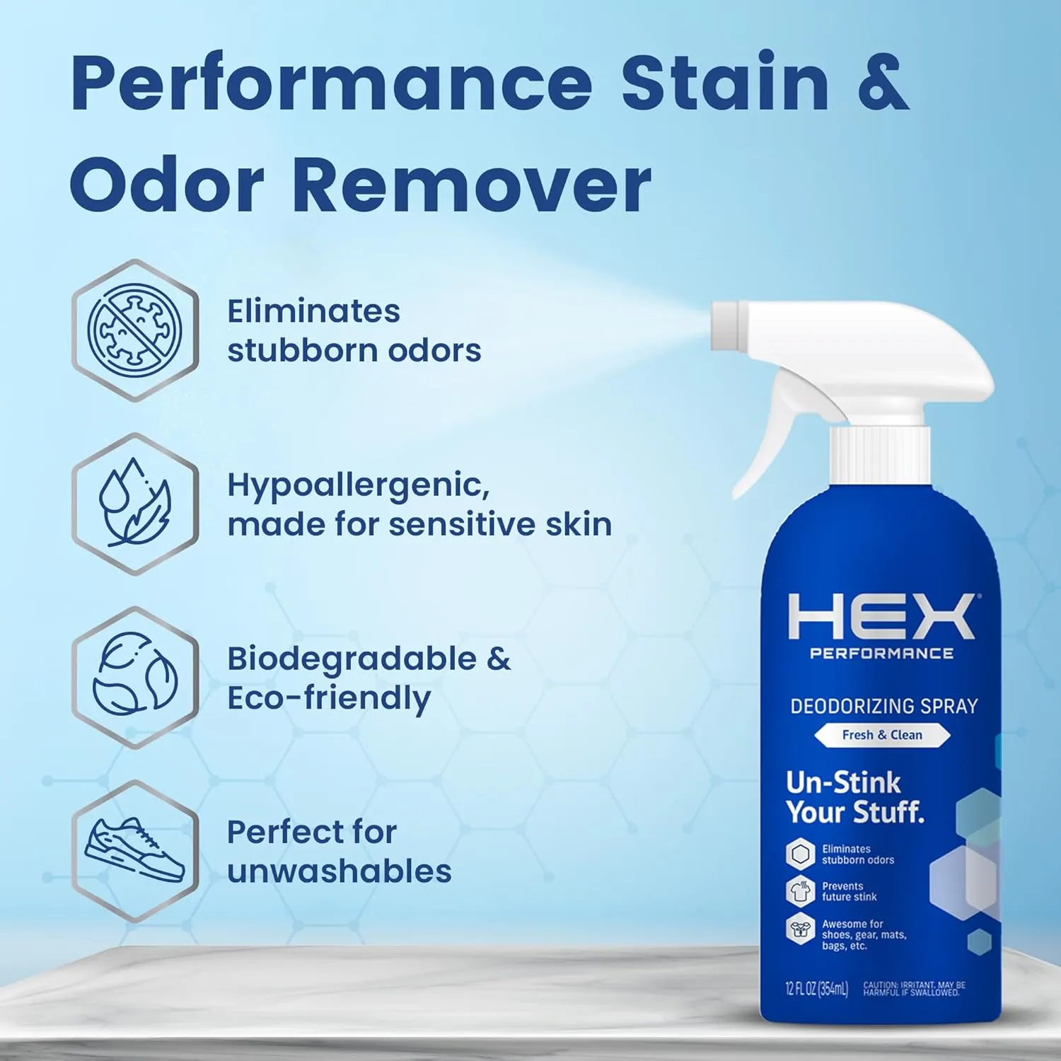 HEX Performance Deodorizing Spray, Fresh & Clean, 12oz (Pack of 2) - Awesome for Shoes, Gear, Activewear & Fabrics, Yoga Mats & Gym Equipment, Carpet, Pets, Odor Eliminator & Fabric Refresher Spray