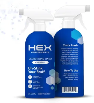 HEX Performance Deodorizing Spray, Fresh & Clean, 12oz (Pack of 2) - Awesome for Shoes, Gear, Activewear & Fabrics, Yoga Mats & Gym Equipment, Carpet, Pets, Odor Eliminator & Fabric Refresher Spray