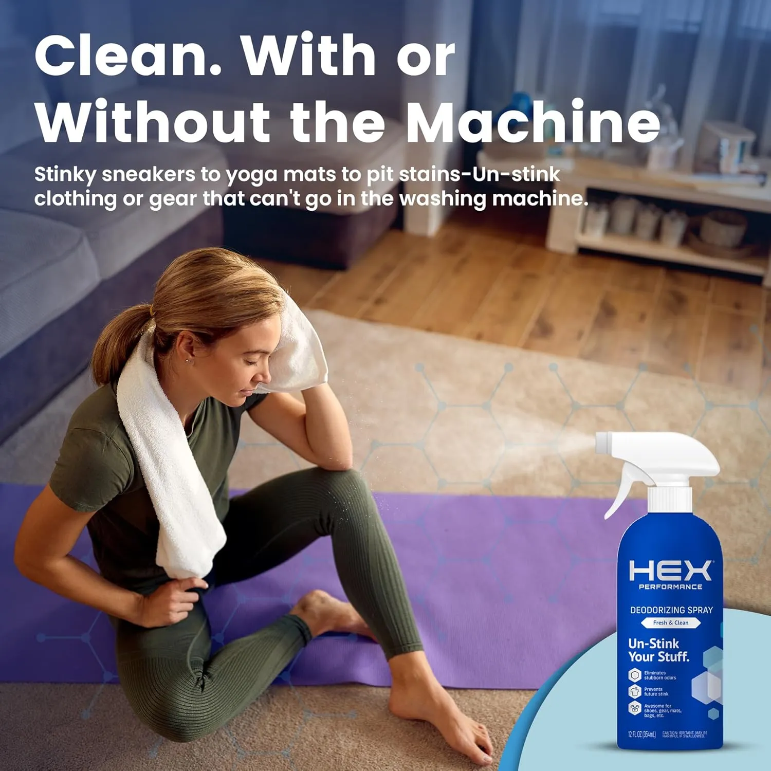 HEX Performance Deodorizing Spray, Fresh & Clean, 12oz (Pack of 2) - Awesome for Shoes, Gear, Activewear & Fabrics, Yoga Mats & Gym Equipment, Carpet, Pets, Odor Eliminator & Fabric Refresher Spray