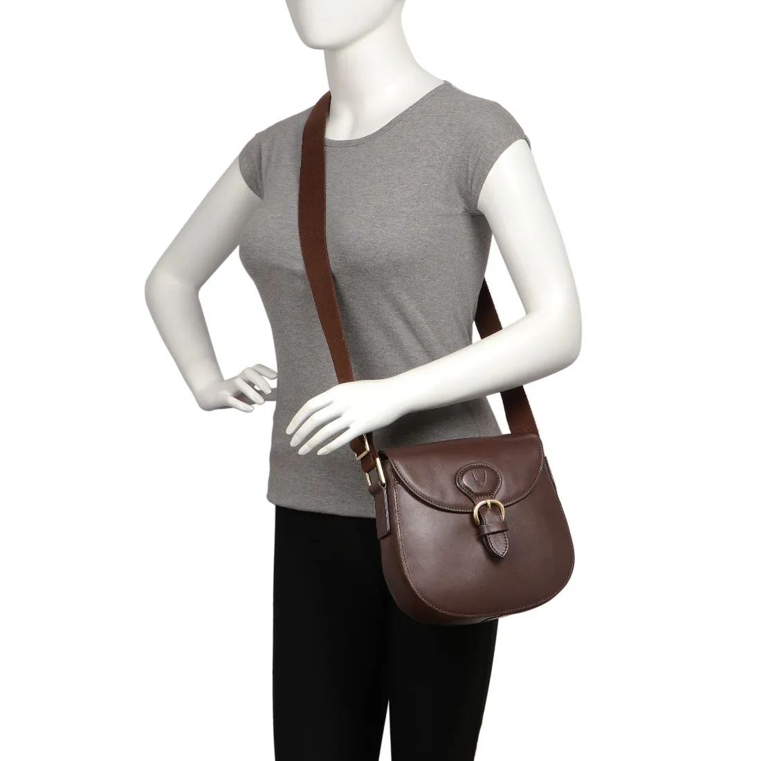 Hidesign Petra Leather Crossbody Bag with Saddle Shape and Faux Buckle Closure