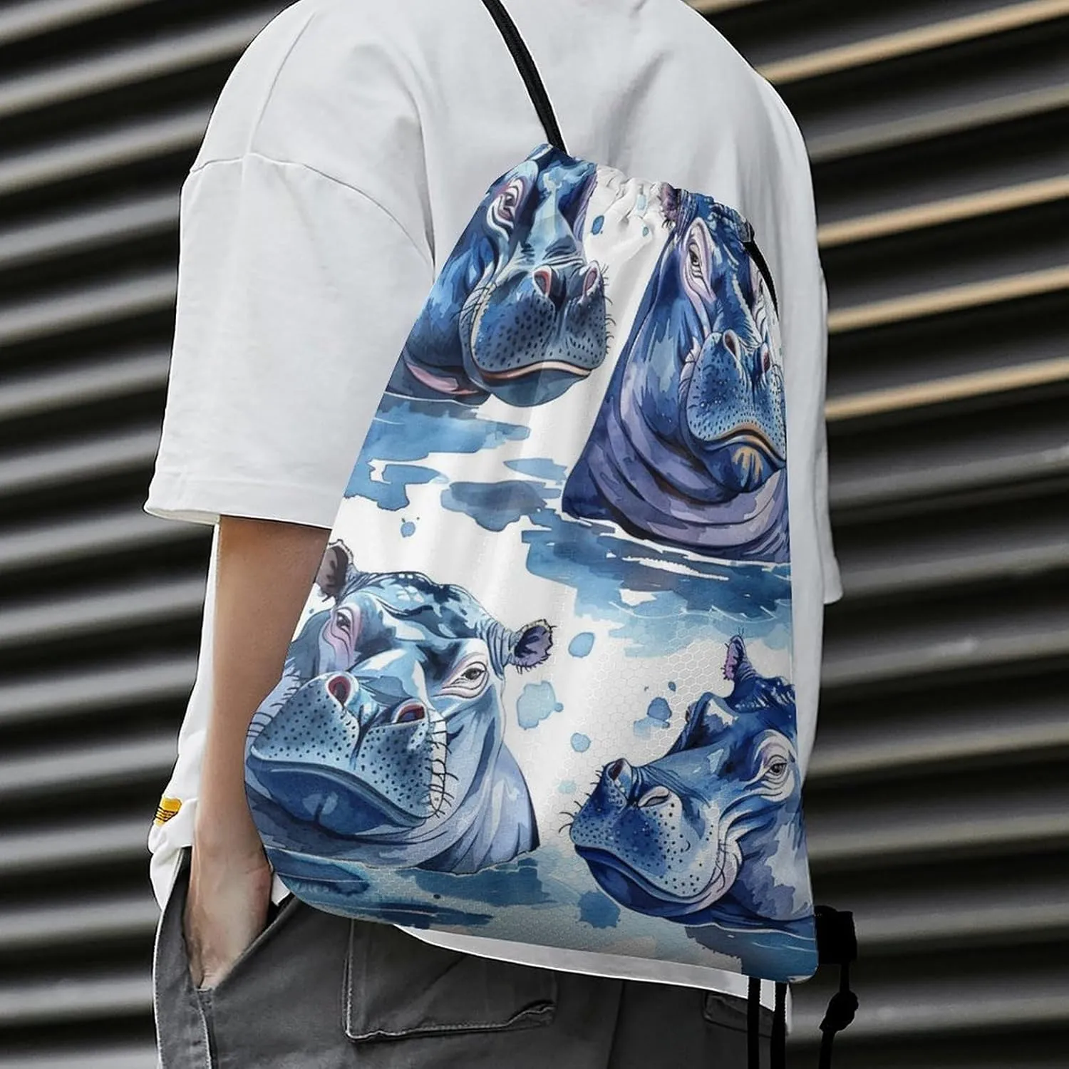 Hippopotamus Pattern Drawstring Backpack String Bag Sackpack Cinch for Gym Shopping Sport Yoga 35 * 42cm