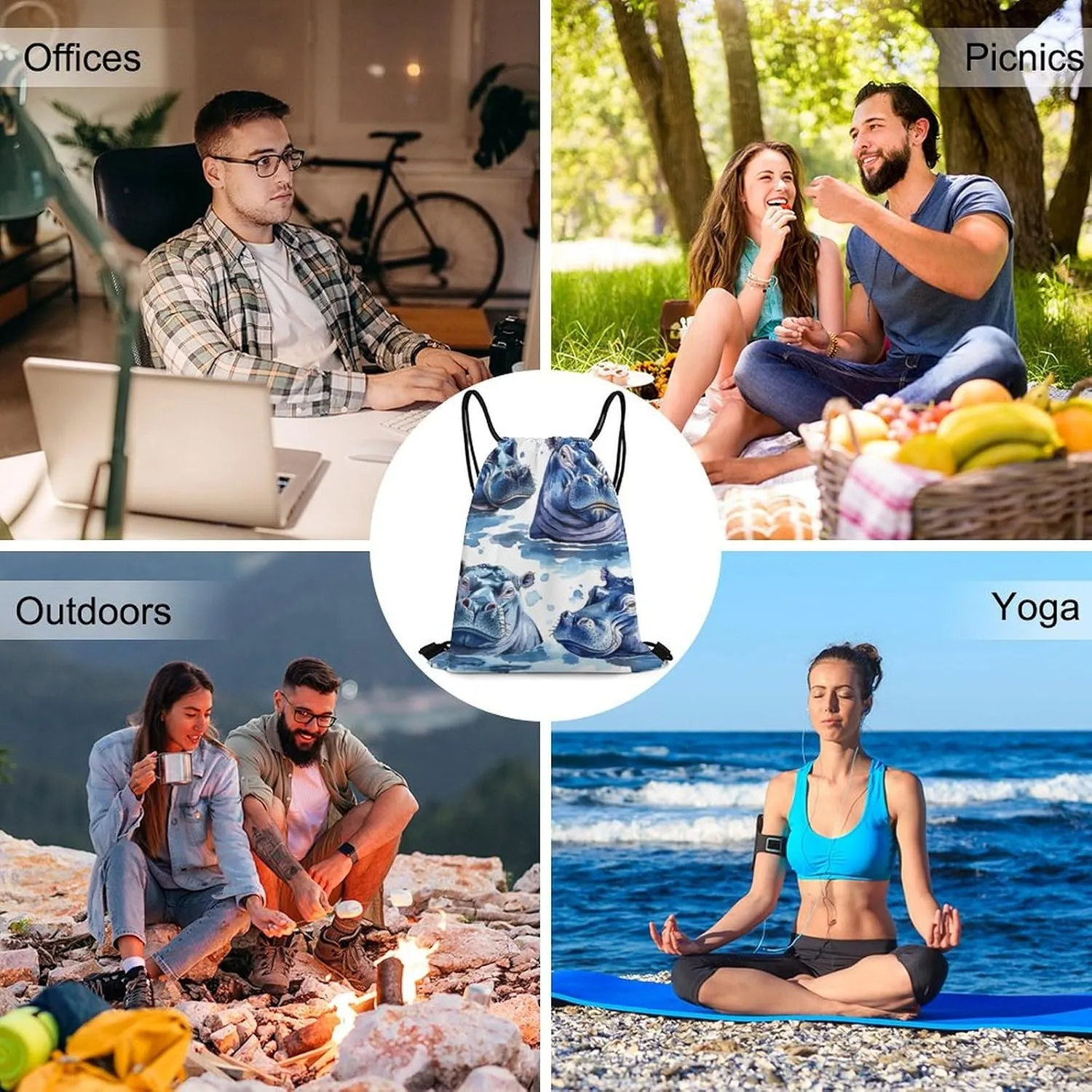 Hippopotamus Pattern Drawstring Backpack String Bag Sackpack Cinch for Gym Shopping Sport Yoga 35 * 42cm