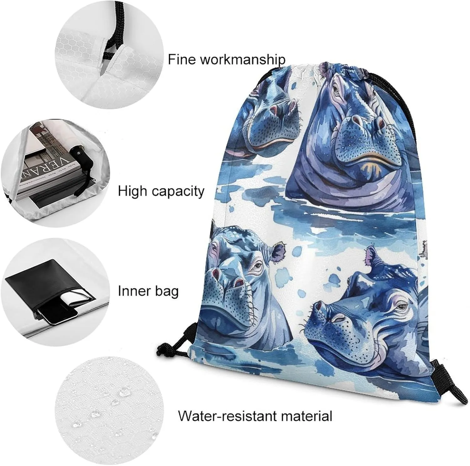Hippopotamus Pattern Drawstring Backpack String Bag Sackpack Cinch for Gym Shopping Sport Yoga 35 * 42cm