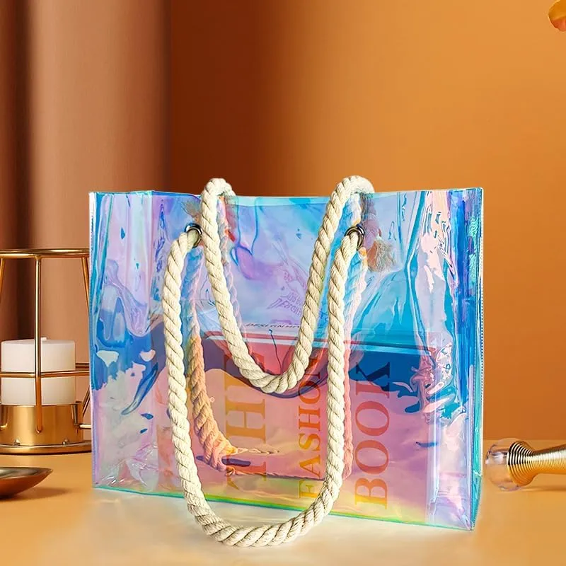Holographic magic color laser PVC handbag hemp rope shopping bag for travel and shopping 15.75"x3.94"x11.81