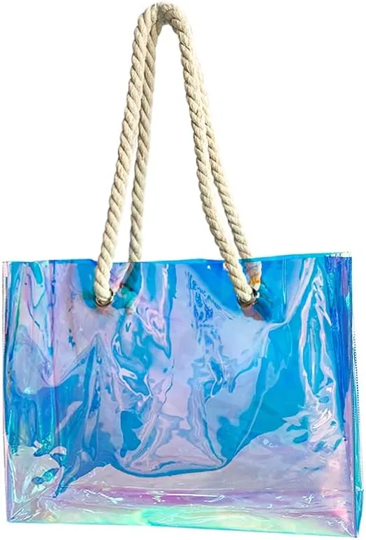 Holographic magic color laser PVC handbag hemp rope shopping bag for travel and shopping 15.75"x3.94"x11.81