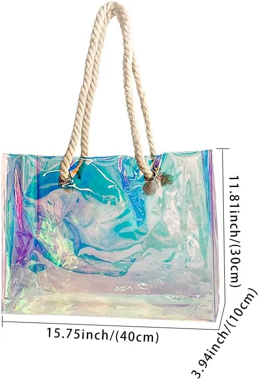 Holographic magic color laser PVC handbag hemp rope shopping bag for travel and shopping 15.75"x3.94"x11.81