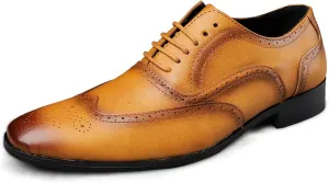 HOOENG Dress Oxford for Men Lace Up Brogue Embossed Burnished Wing Tip Vegan Leather Block Heel Anti-Slip Rubber Sole Low Top Classic (Color : Yellow, Size : 8)