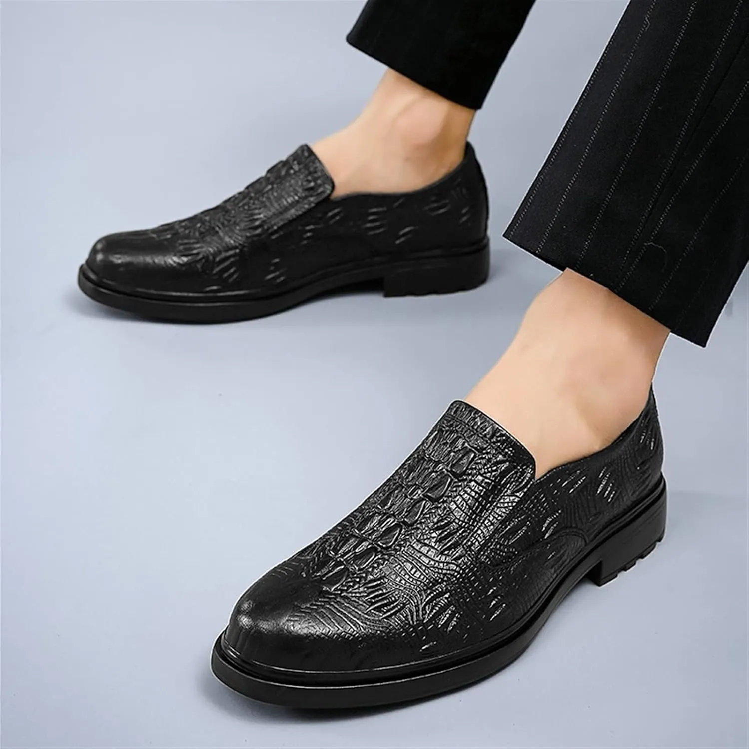 HOOENG Dress Shoes for Men Lace Up Round Toe Crocodile Embossed Leather Rubber Sole Block Heel Non Slip Resistant Party