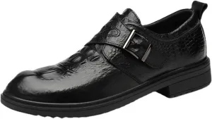 HOOENG Dress Shoes for Men Slip on Crocodile Embossed Monk Strap Vegan Leather Block Heel Low Top Rubber Sole Non Slip Resistant Working (Color : Black, Size : 5.5)