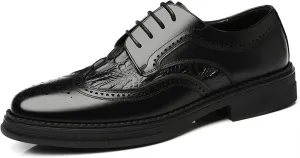 HOOENG Formal Oxford Shoes for Men Lace Up Derby Shoes Brogue Embossed Wing Tip Crocodile Embossed Leather Anti-Slip Non Slip Low Top Rubber Sole Business (Color : Black, Size : 8.5)