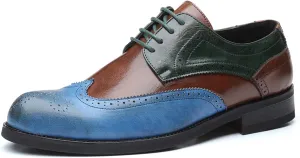 HOOENG Formal Shoes for Men Lace Up Two Tone Brogue Embossed Wing Tip Derby Shoes PU Leather Block Heel Rubber Sole Low Top Anti-Slip Non Slip Party (Color : Blue, Size : 6.5)