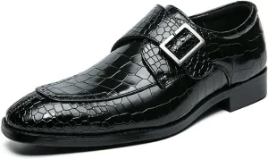HOOENG Formal Shoes for Men Slip on Split Toe Crocodile Embossed Monk Strap Leather Anti-Slip Low Top Rubber Sole Non Slip Walking (Color : Black, Size : 12)