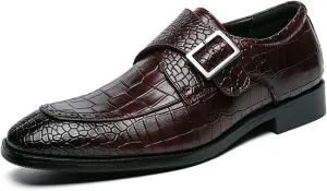 HOOENG Formal Shoes for Men Slip on Split Toe Crocodile Embossed Monk Strap Leather Anti-Slip Low Top Rubber Sole Non Slip Walking (Color : Brown, Size : 6.5)