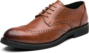 HOOENG Oxford Shoes for Men Lace Up Burnished Round Toe Brogue Embossed Wingtip Faux Leather Rubber Sole Low Top Block Heel Prom (Color : Brown, Size : 11.5)
