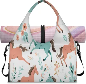 Horse flowers Women's Yoga Gym Bag - Adjustable shoulder strap with shoe compartment, large gym bag with multiple pockets for yoga mat, gym equipment and travel accessories