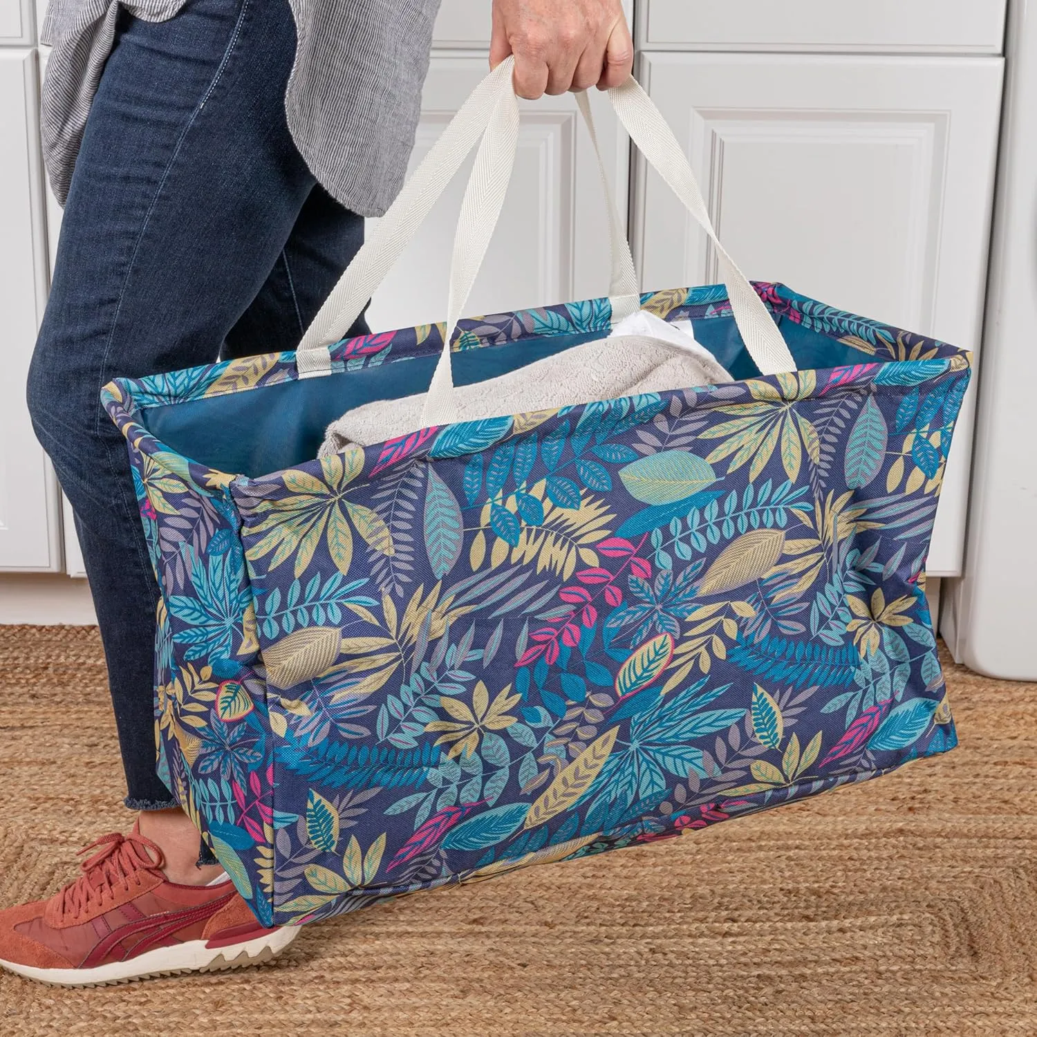 Household Essentials Krush Container All-Purpose Utility Tote, Water-Resistant Vinyl Lining, Leaf Pattern